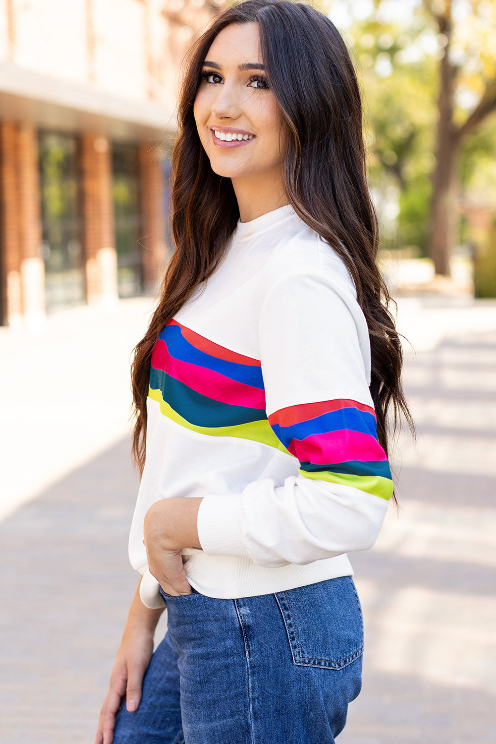 Green Colorful Striped Accent Long Sleeve T Shirt