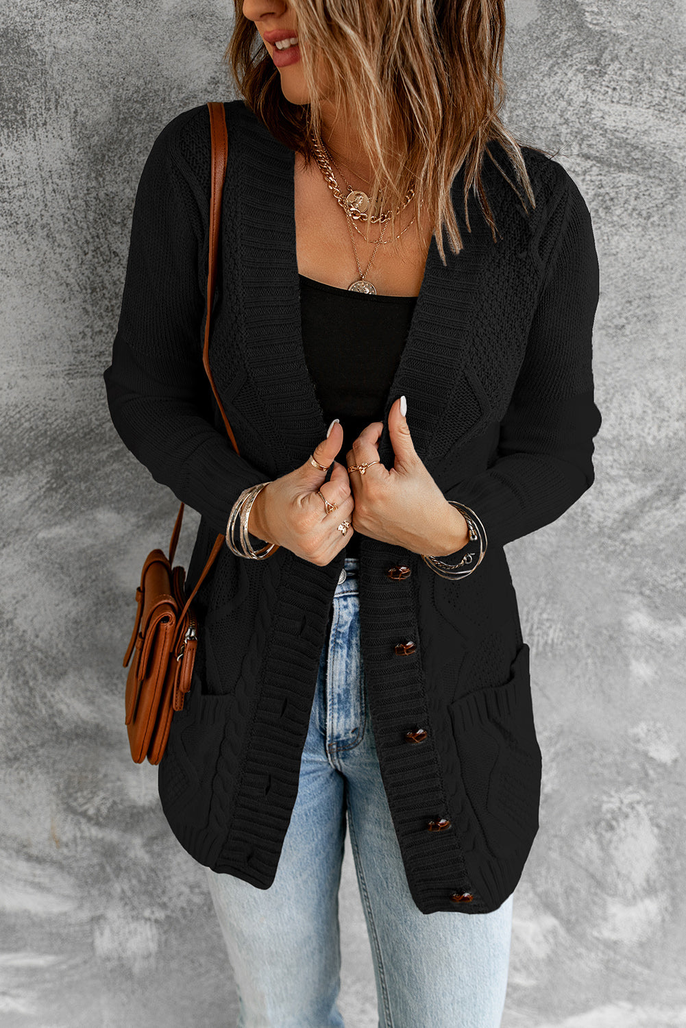Blue Front Pocket and Buttons Closure Cardigan