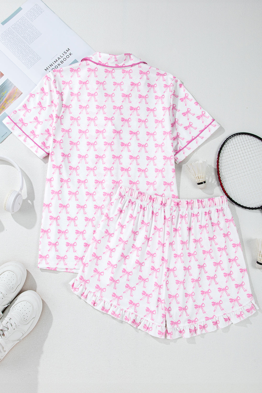 Green Clover Printed Short Sleeve and Ruffled Shorts Pajama Set