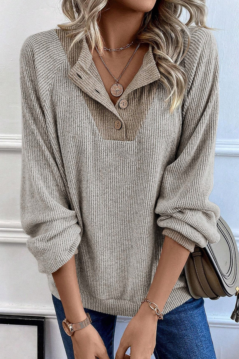 Black Color Contrast Ribbed Loose Fit Long Sleeve Top