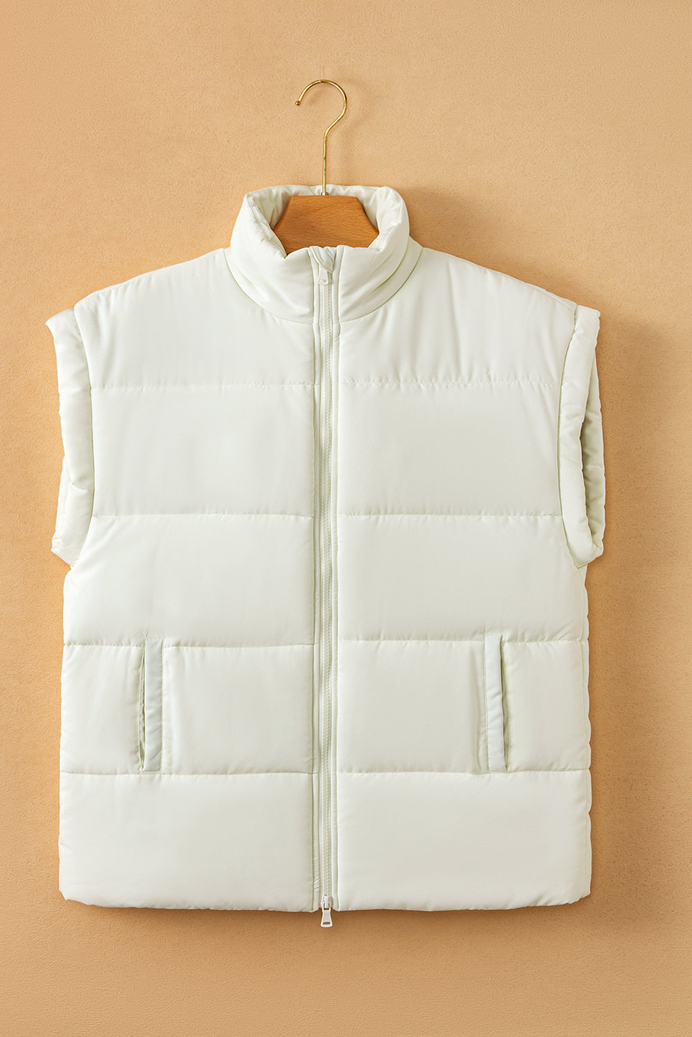 Beige Zipper Stand Neck Oversized Puffer Vest