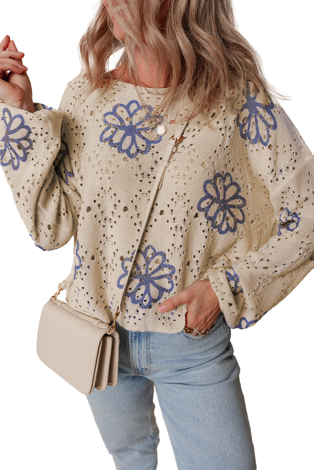 White Contrast Flower Print Eyelet Drop Shoulder Sweater