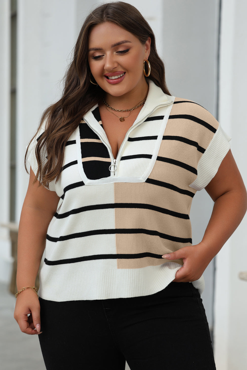 Sky Blue Stripe Colorblock Quarter Zip Collar Sweater Vest
