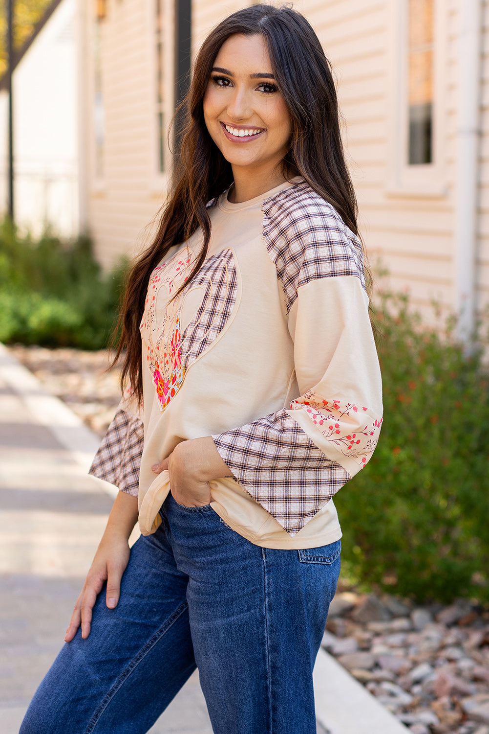 Clearly Aqua Plaid Floral Peace Heart Graphic Wide Long Sleeve Top