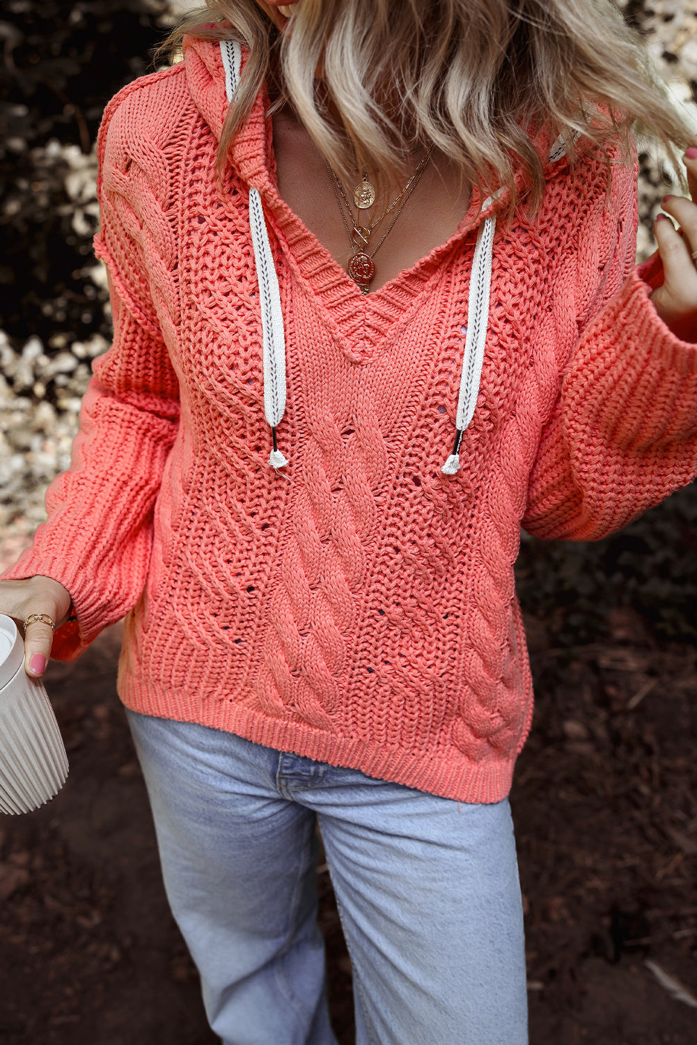 Sea Green Cable Knit V Neck Contrast Drawstring Hooded Sweater