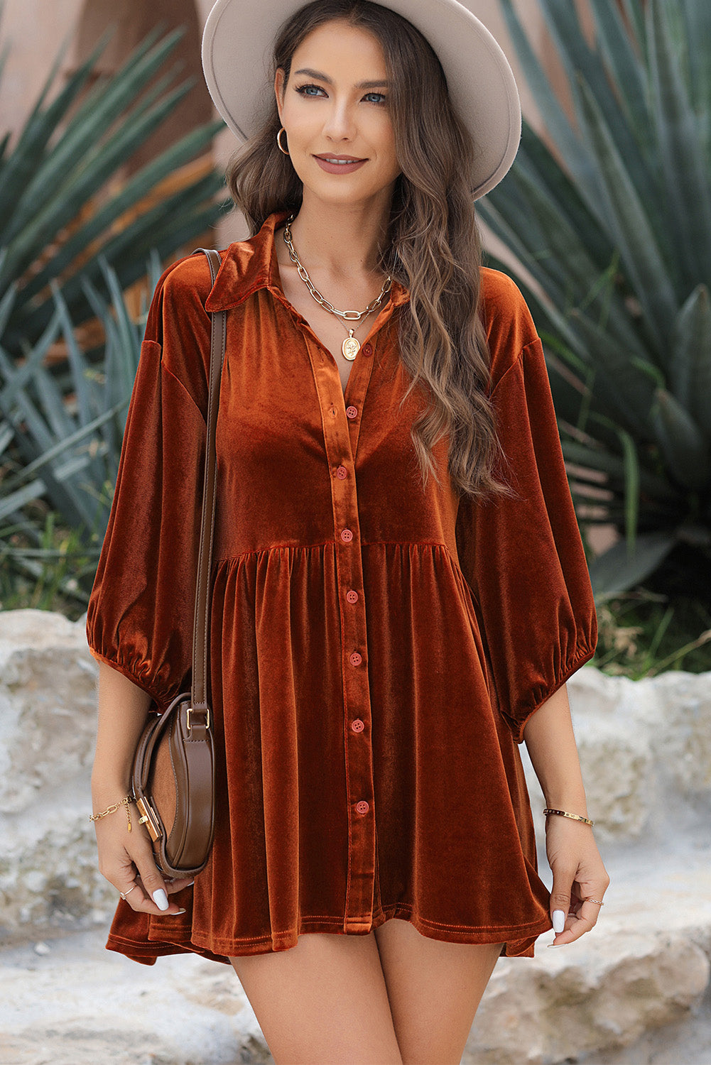 Pale Khaki 3/4 Sleeve Tunic Babydoll Velvet Shirt