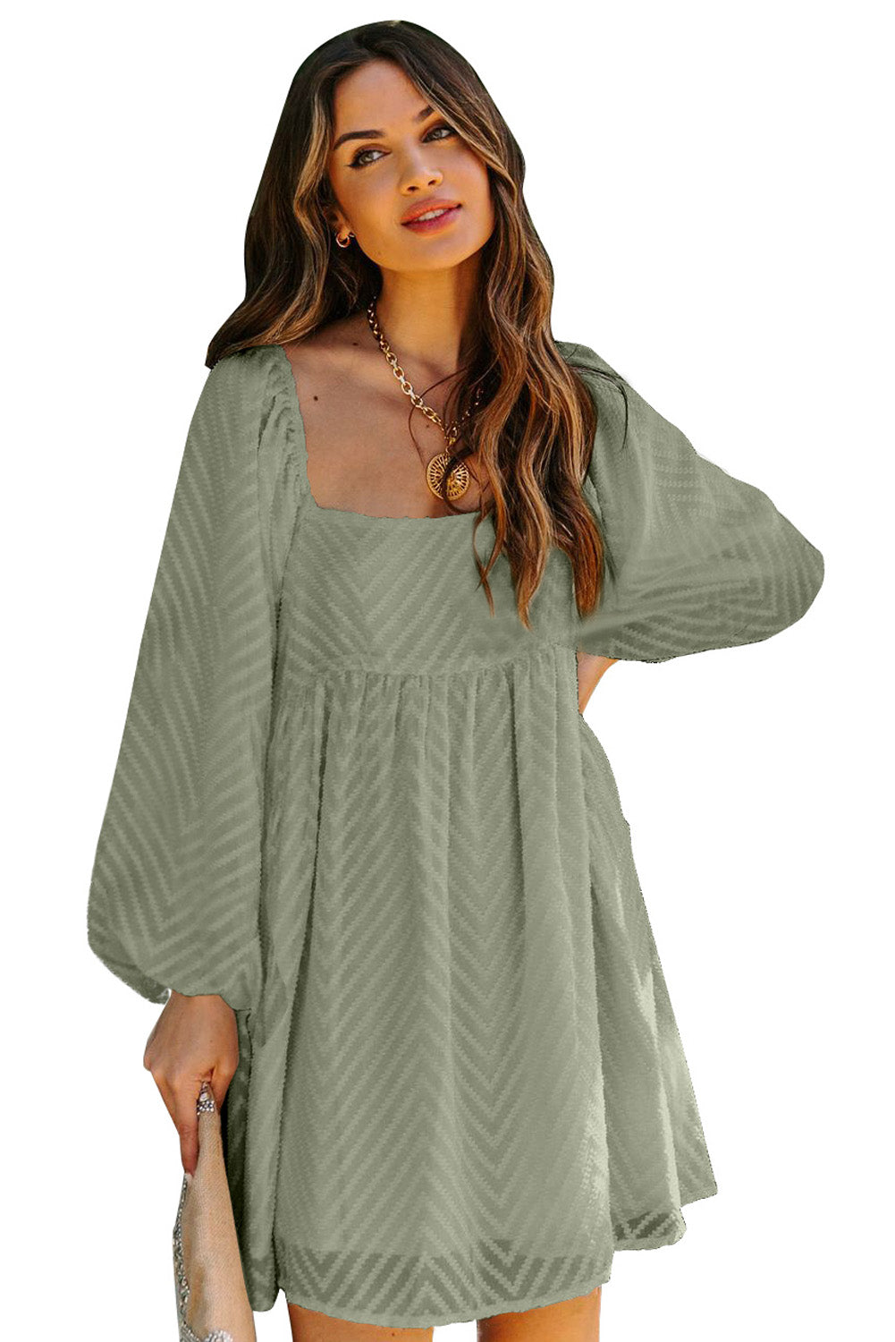 Classic Square Neck Puff Sleeve Babydoll Style Short Dress
