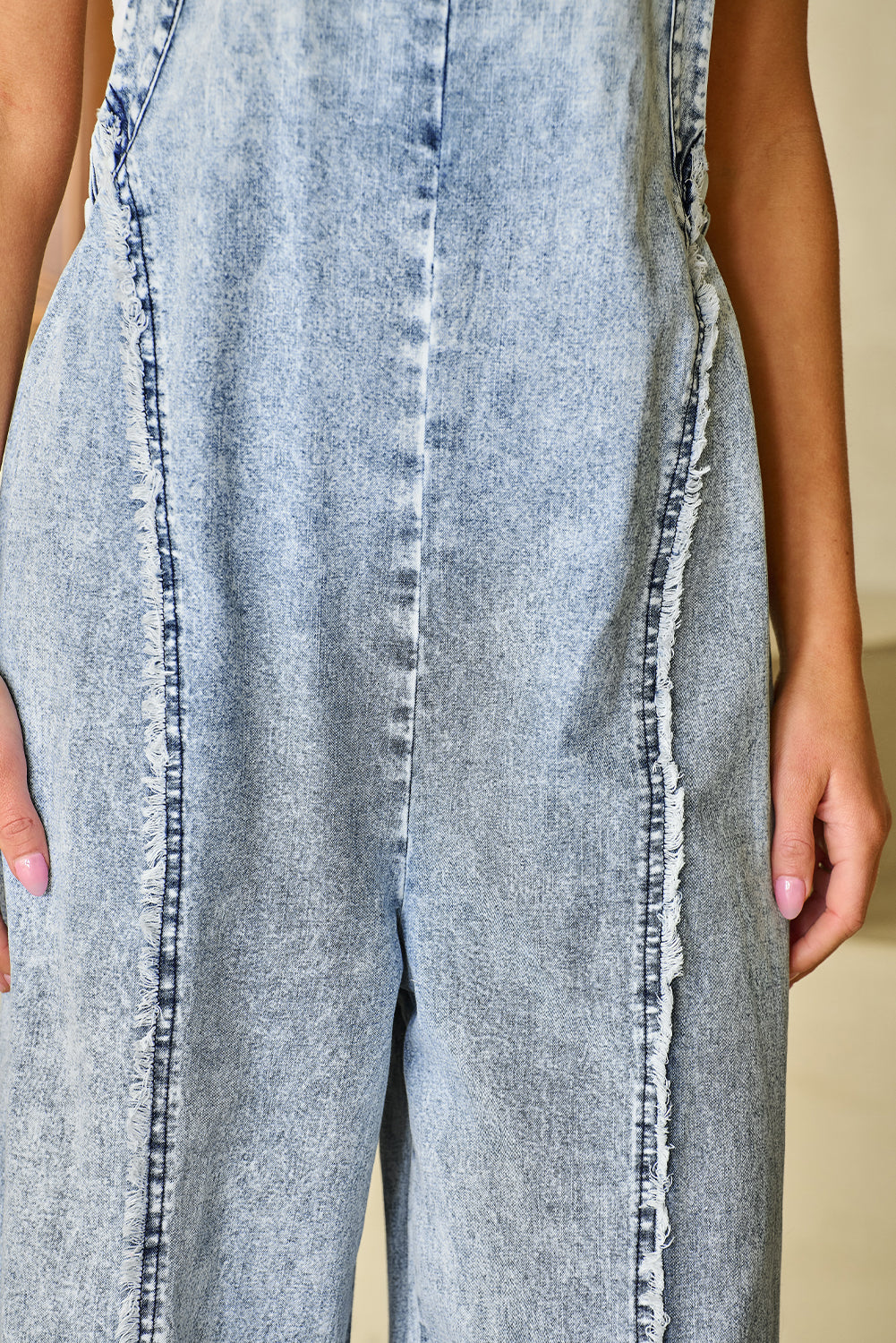 Dark Grey Light Wash Frayed Exposed Seam Wide Leg Denim Overall