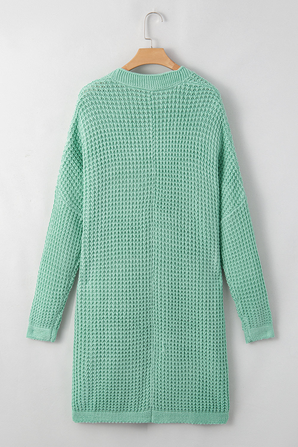 Green Long Line Open Front Knitted Cardigan with Pockets