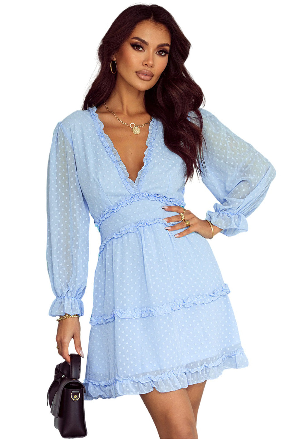 Pink Layered Ruffled Open Back Puff Sleeve Swiss Dot Mini Dress