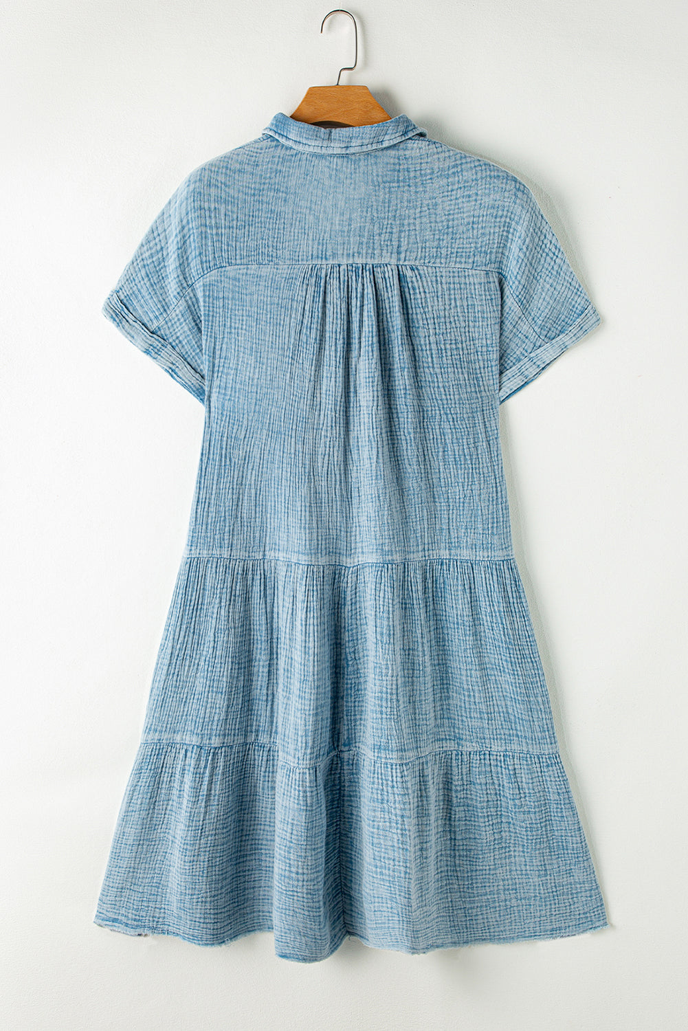Strawberry Pink Mineral Wash Crinkle Split Neck Raw Hem Tiered Dress