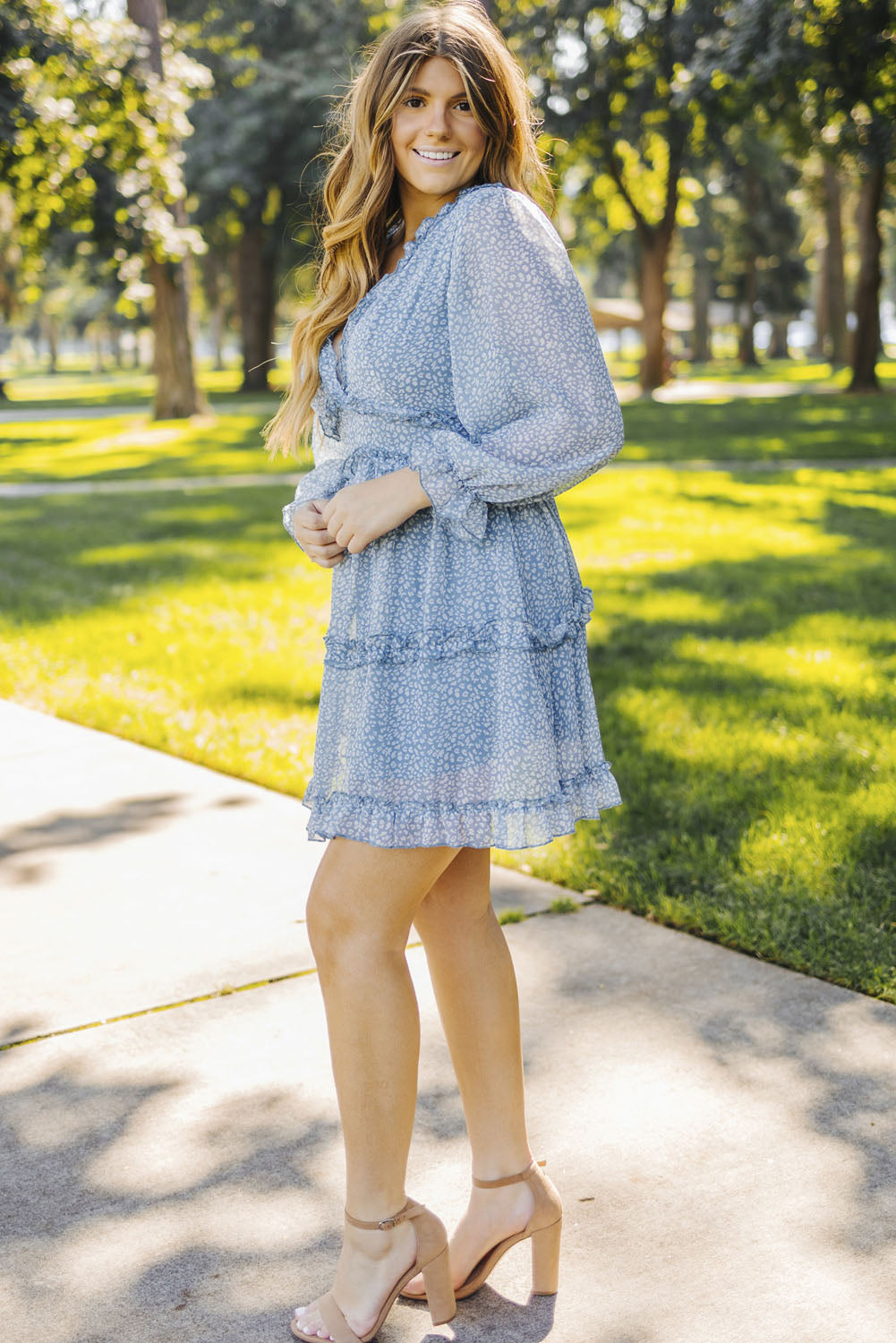 Blue Ruffle Detailing Open Back Floral Dress