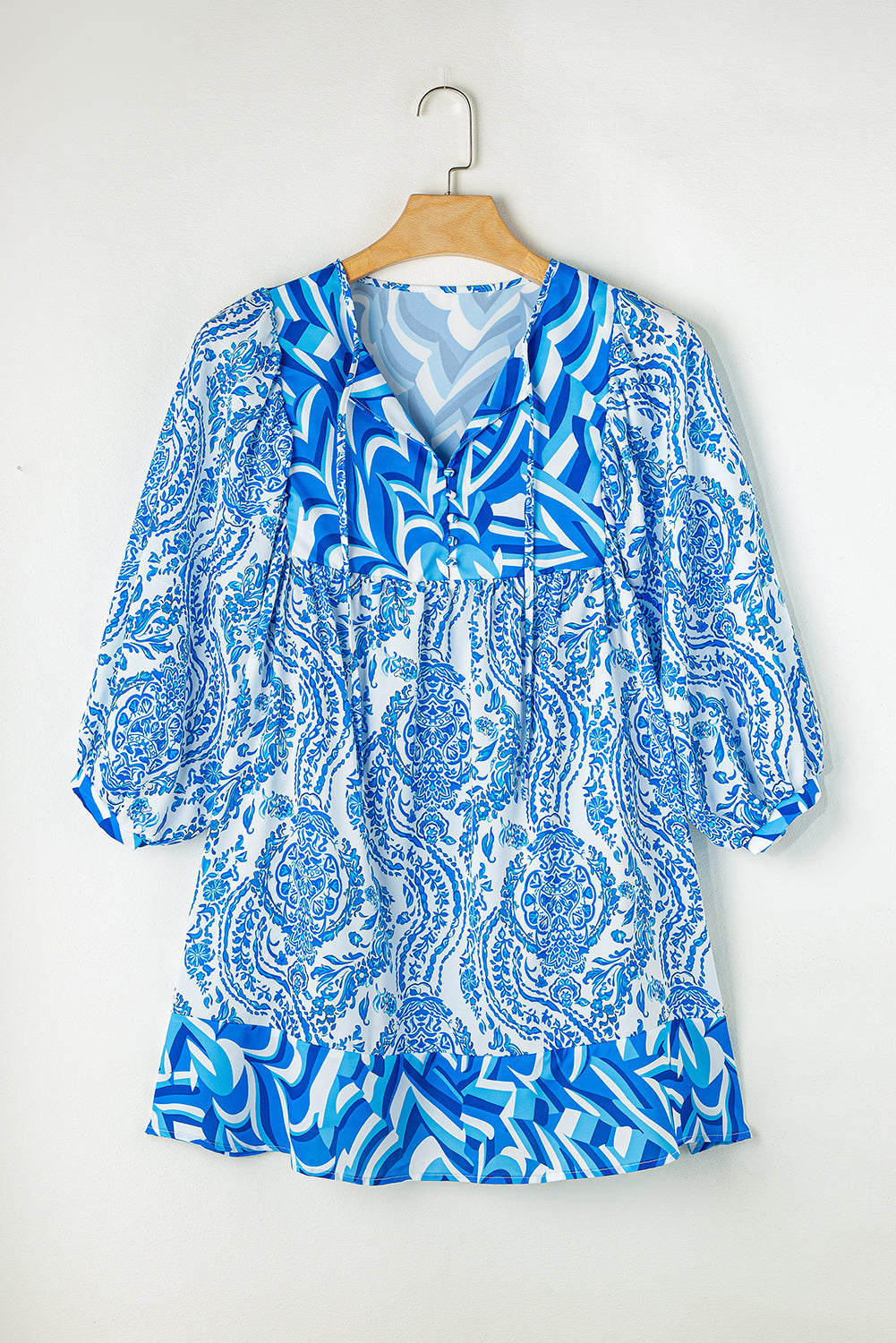 Orange Bohemian Print Puff Sleeve Tied V Neck Flared Mini Dress