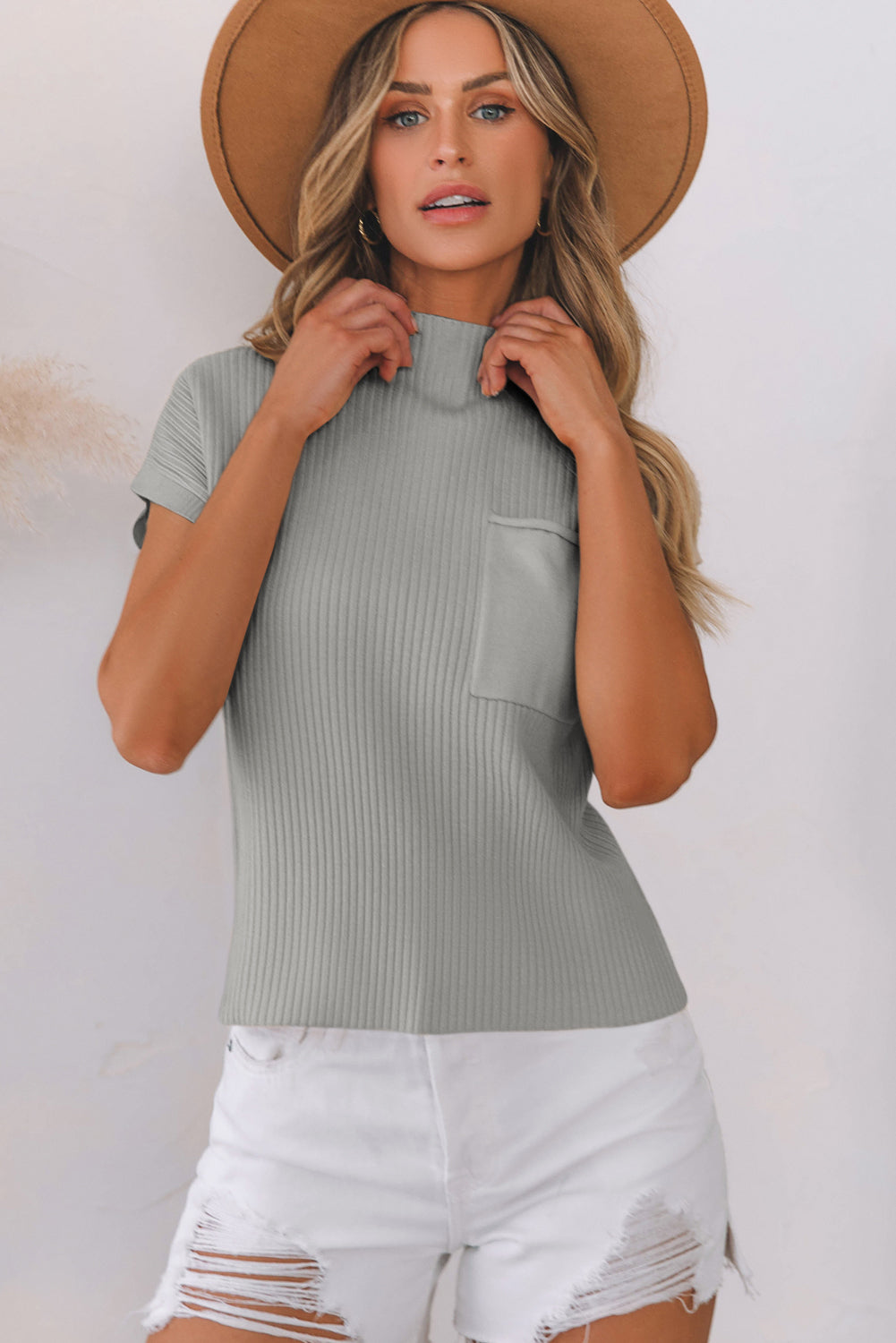 Beau Blue Patch Pocket Ribbed Knit Short Sleeve Sweater