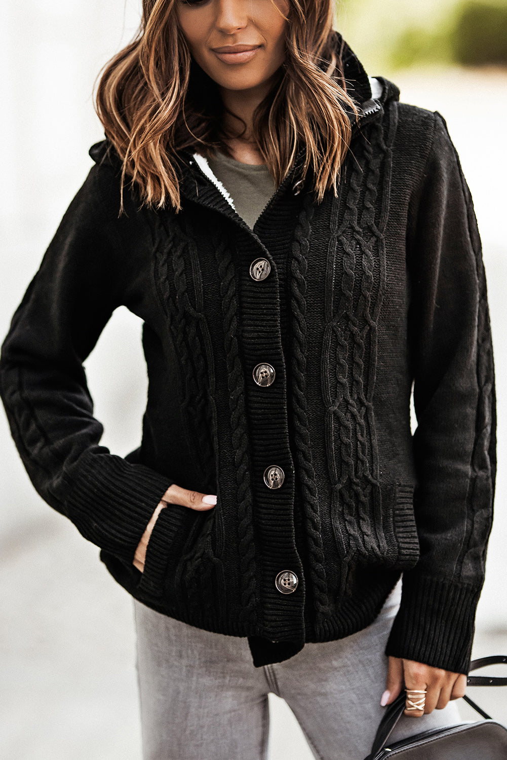 Navy Blue Long Sleeve Button-up Hooded Cardigans