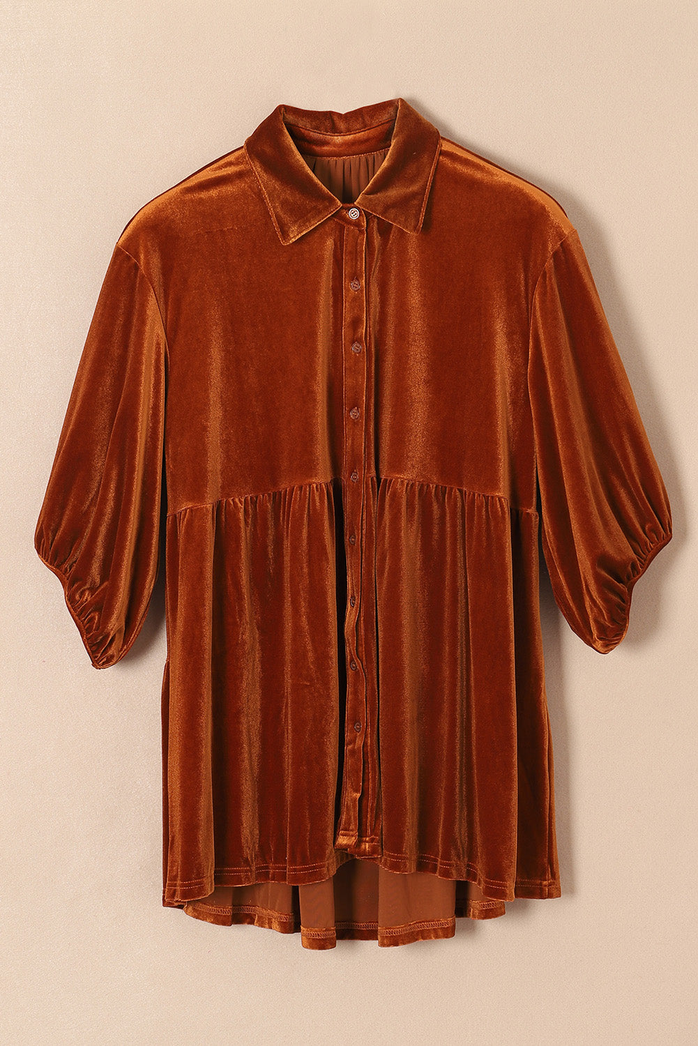 Pale Khaki 3/4 Sleeve Tunic Babydoll Velvet Shirt