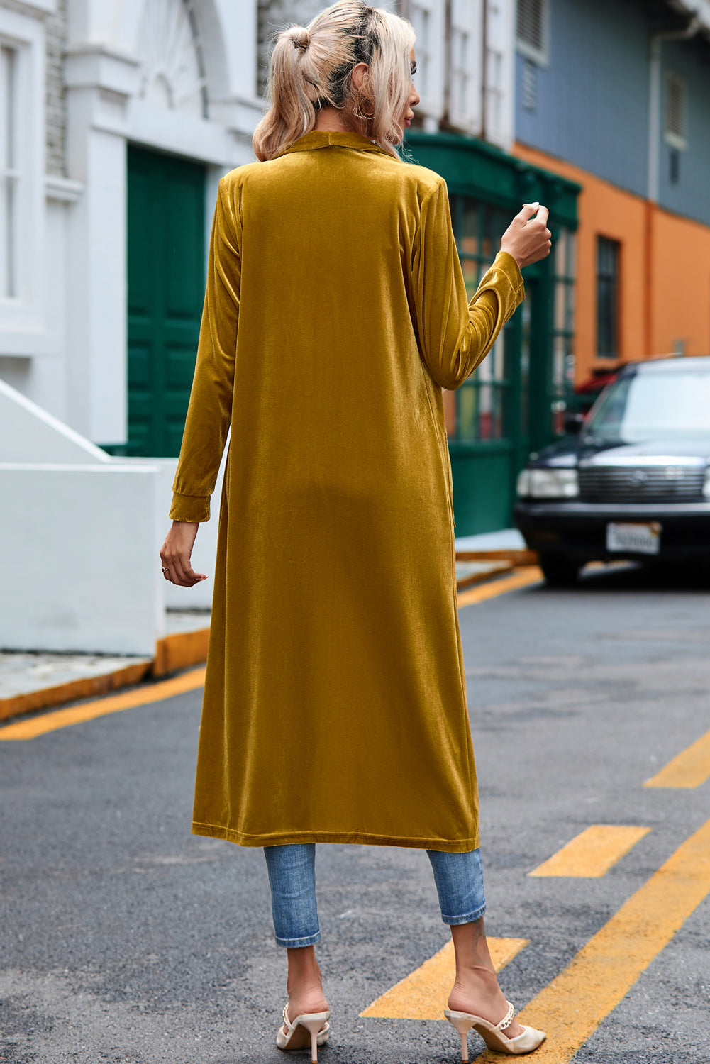 Fiery Red Velvet Open Front Pocketed Long Duster