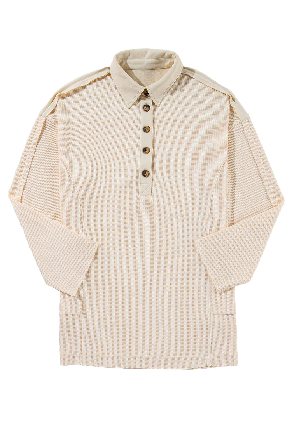 Smoke Green Waffle Long Sleeve Collar Half Button Loose Top