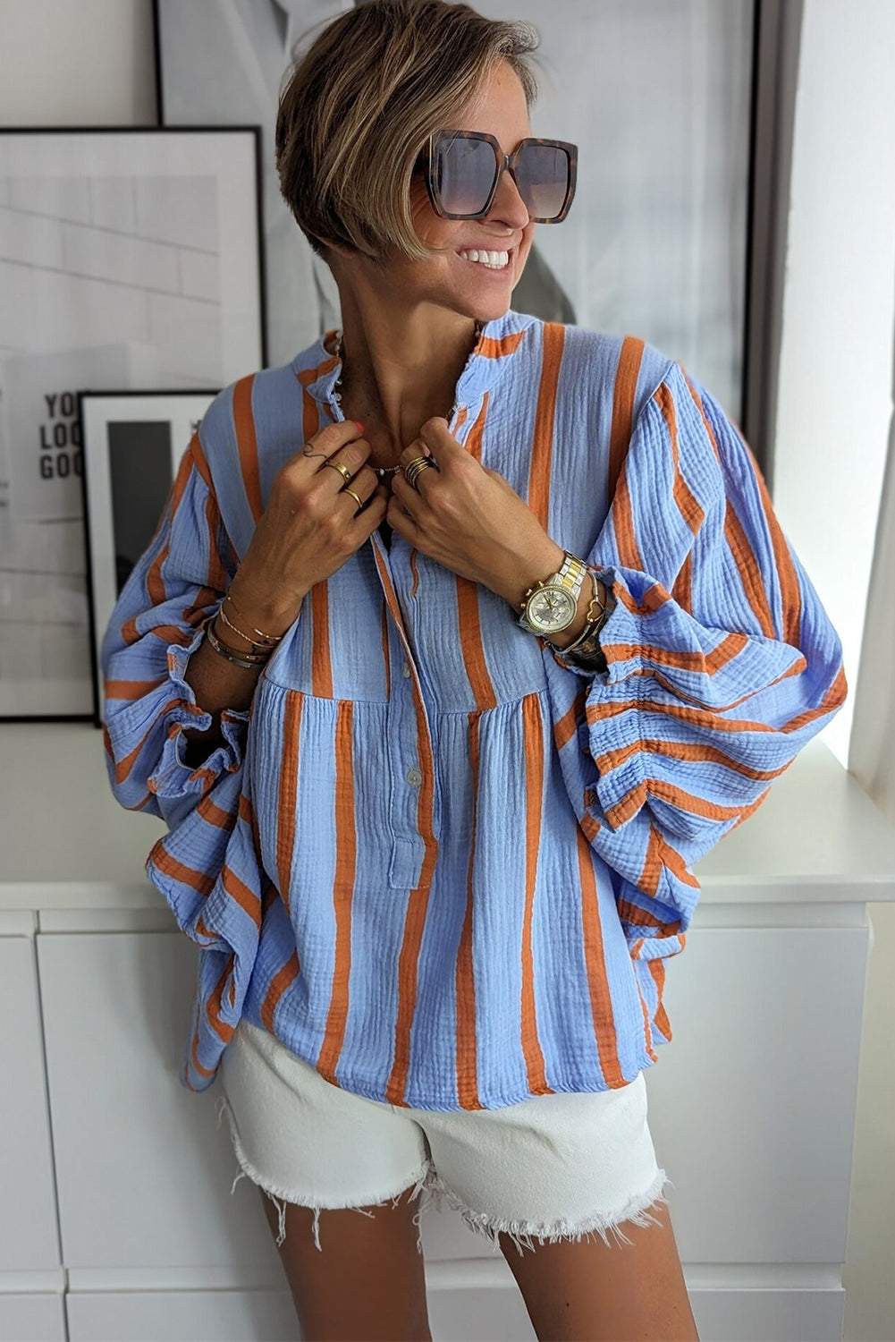 Black Stripe Crinckled Ruffled Sleeve Button up Loose Shirt