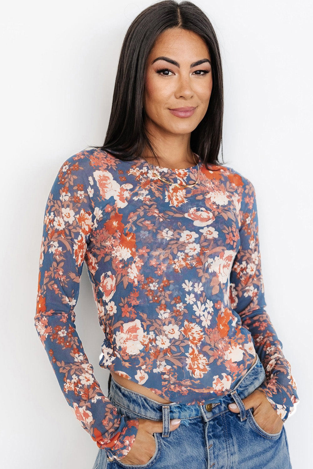 Black Floral Print Mesh Fitted Long Sleeve Top
