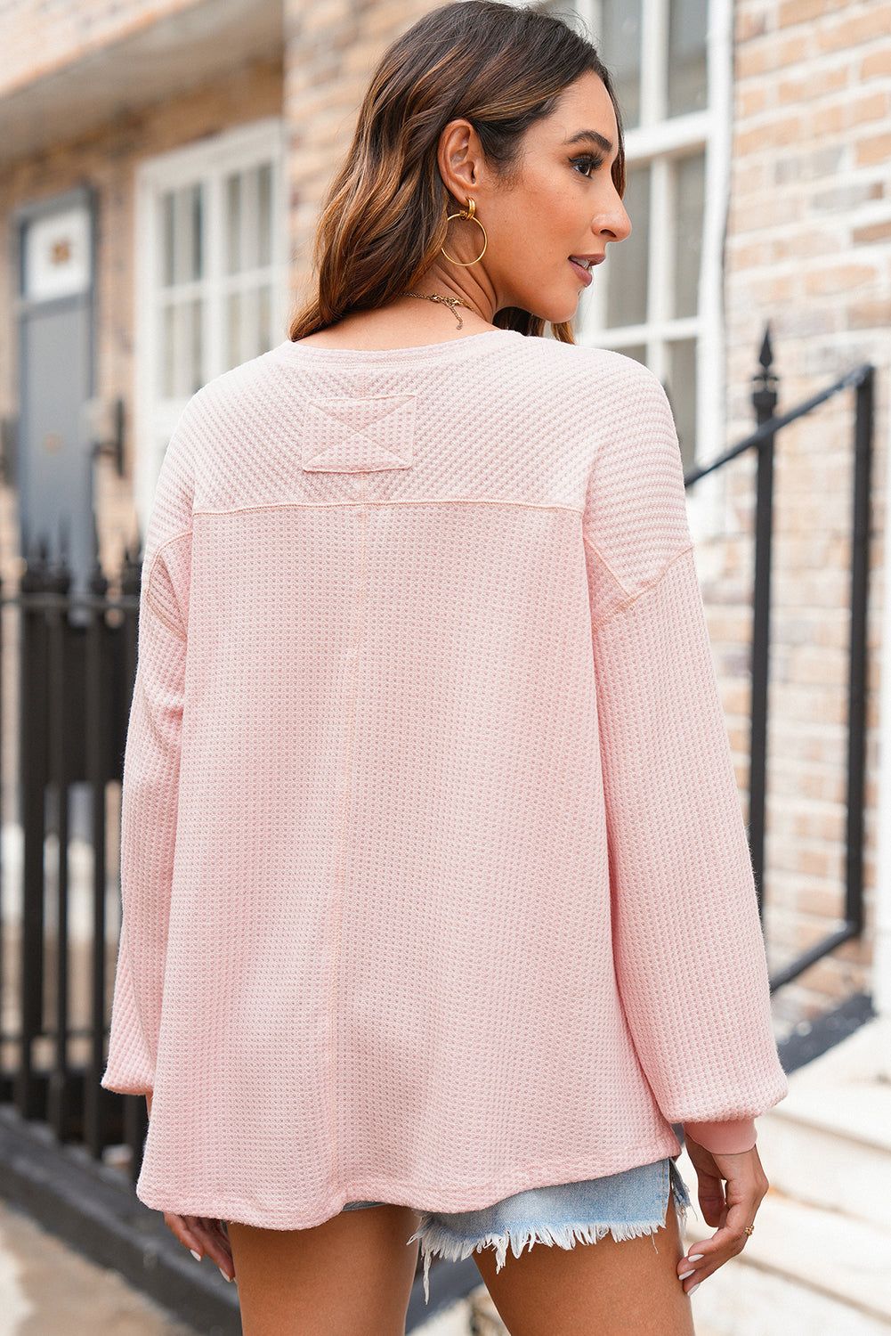 Orchid Petal Waffle V Neck Long Sleeve Drop Shoulder Loose Blouse
