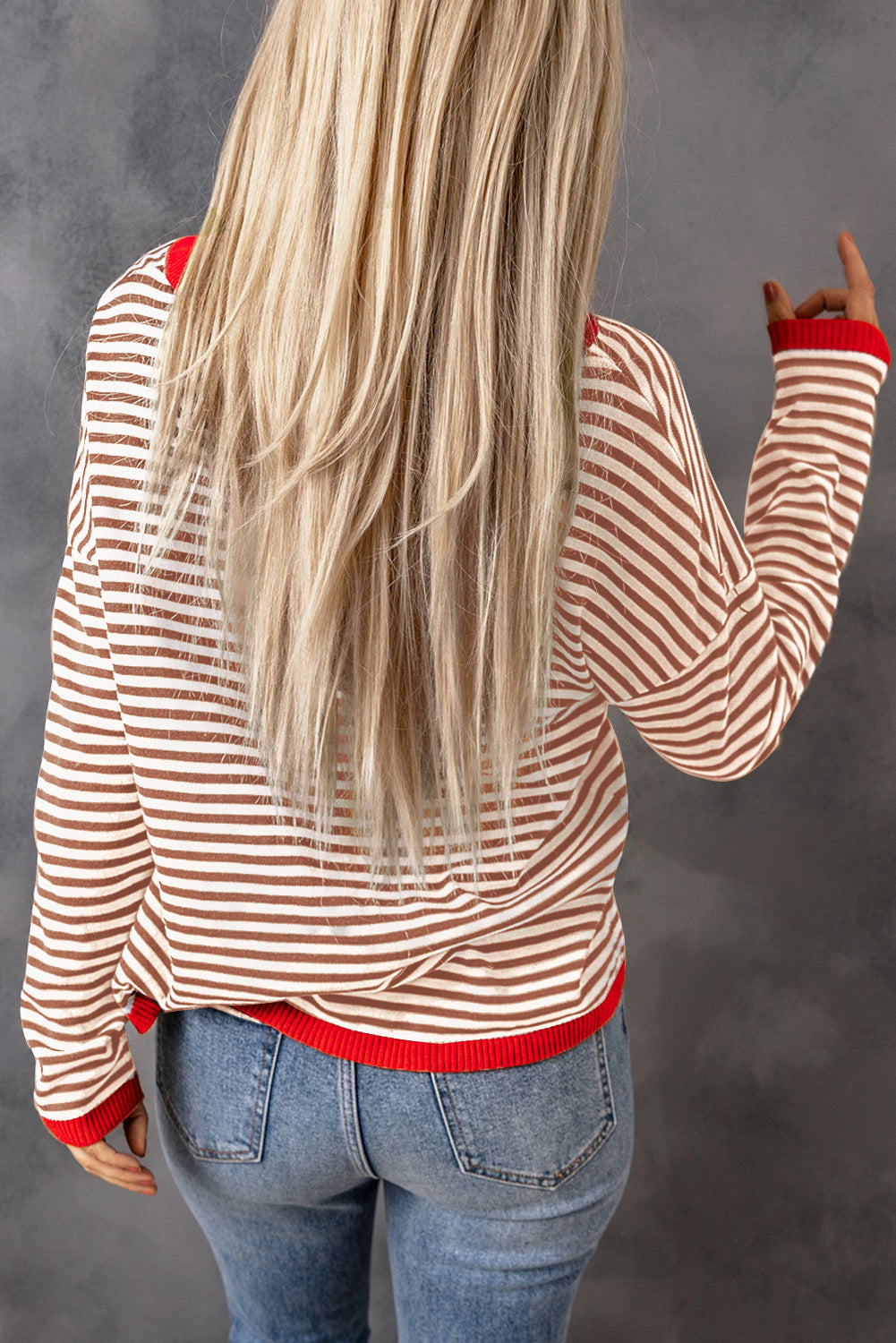 Fiery Red Contrast Trimmed Striped Drop Shoulder Sweater