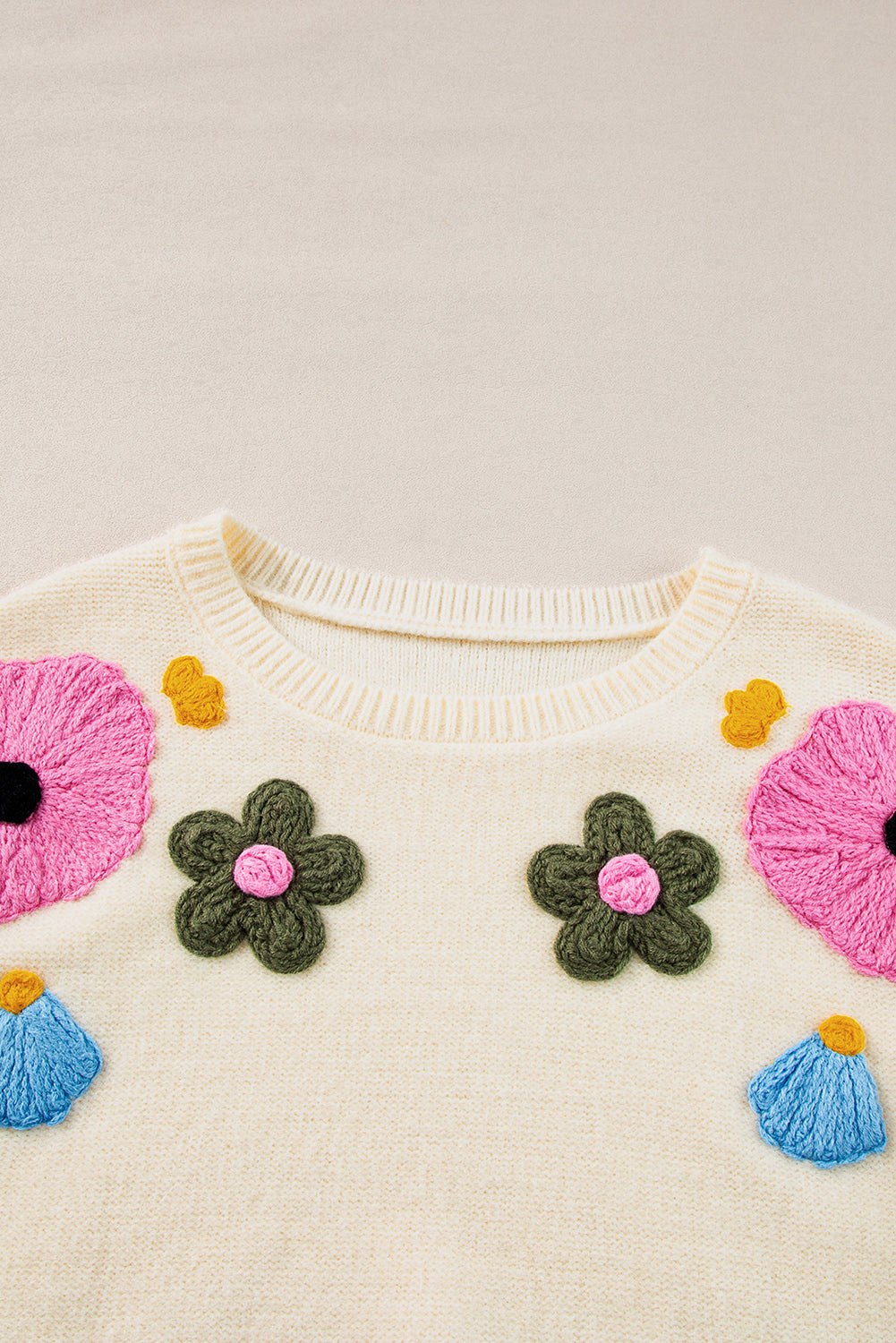 Light Blue Knitted Flower Pattern Ribbed Edge Sweater
