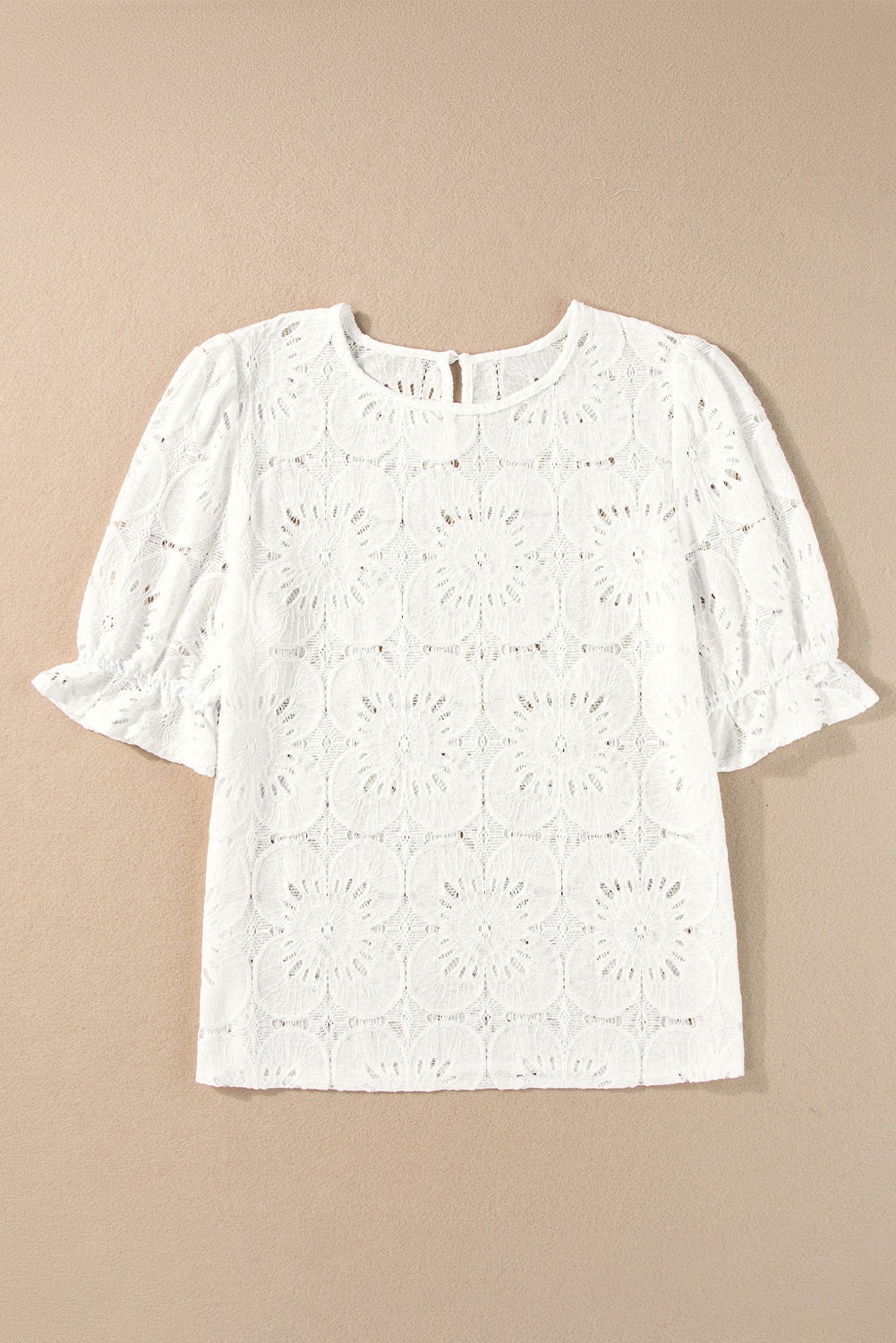 Bright Pink Flower Eyelet Jacquard Keyhole Flounce Sleeve Top