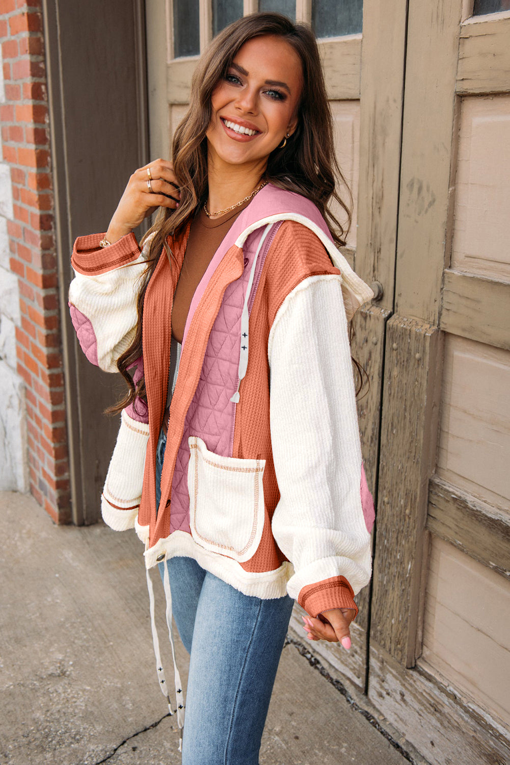 Light Blue Quilted Textured Patchwork Loose Fit Hooded Jacket