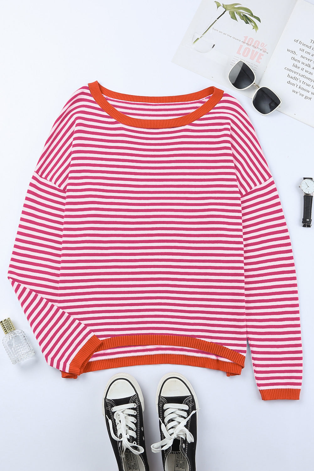 Fiery Red Contrast Trimmed Striped Drop Shoulder Sweater