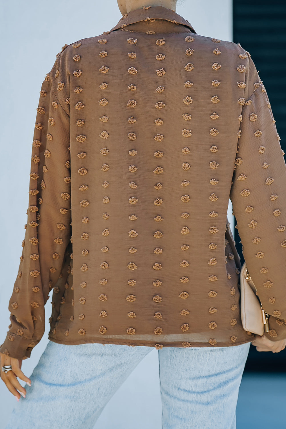 Gray Long Sleeve Button Fuzzy Polka Dot Shirt