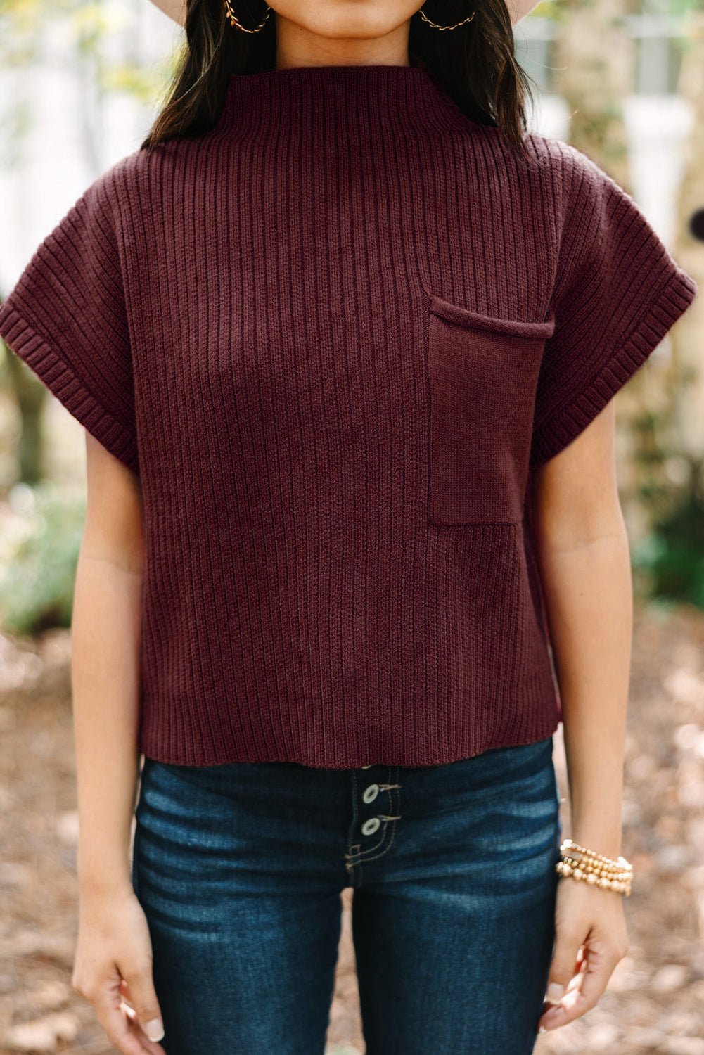 Beau Blue Patch Pocket Ribbed Knit Short Sleeve Sweater