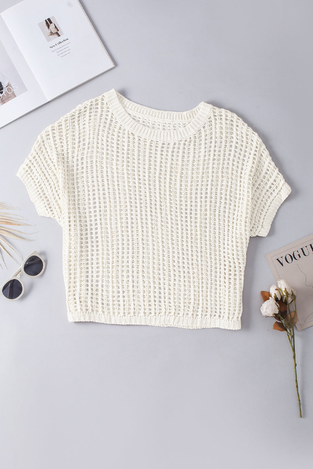 Black Fishnet Knit Ribbed Round Neck Short Sleeve Sweater Tee