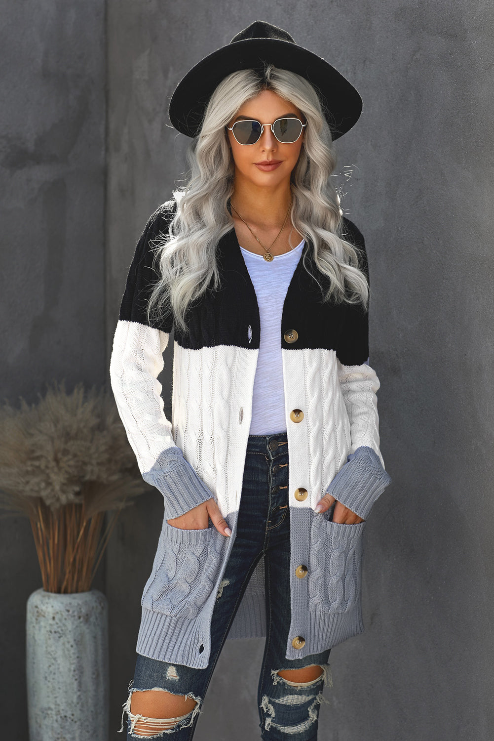 Sky Blue Button Pocket Knit Cardigan
