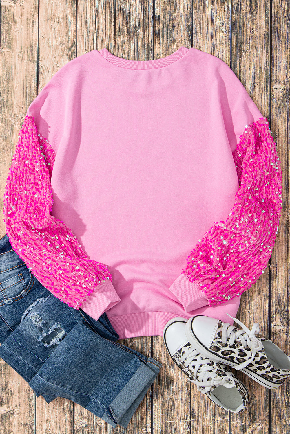 Orchid Petal Sequin Patchwork Long Sleeve Pullover Top