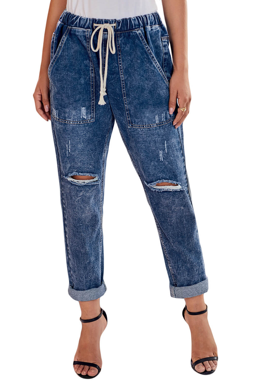 Sky Blue Gather Round Distressed Pocketed Denim Jogger