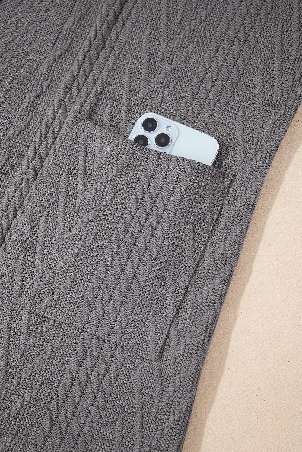 Medium Grey Solid Textured Open Front Cardigan with Pocket