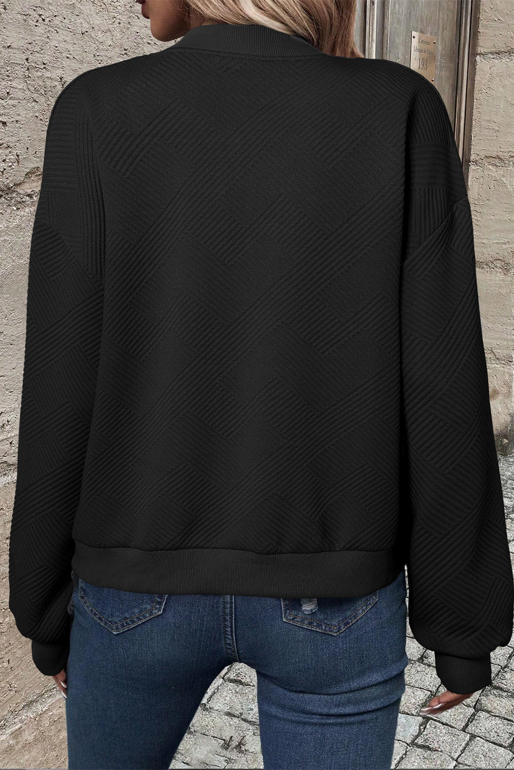 Myosotis Solid Textured Stand Neck Zipper Bomber Jacket
