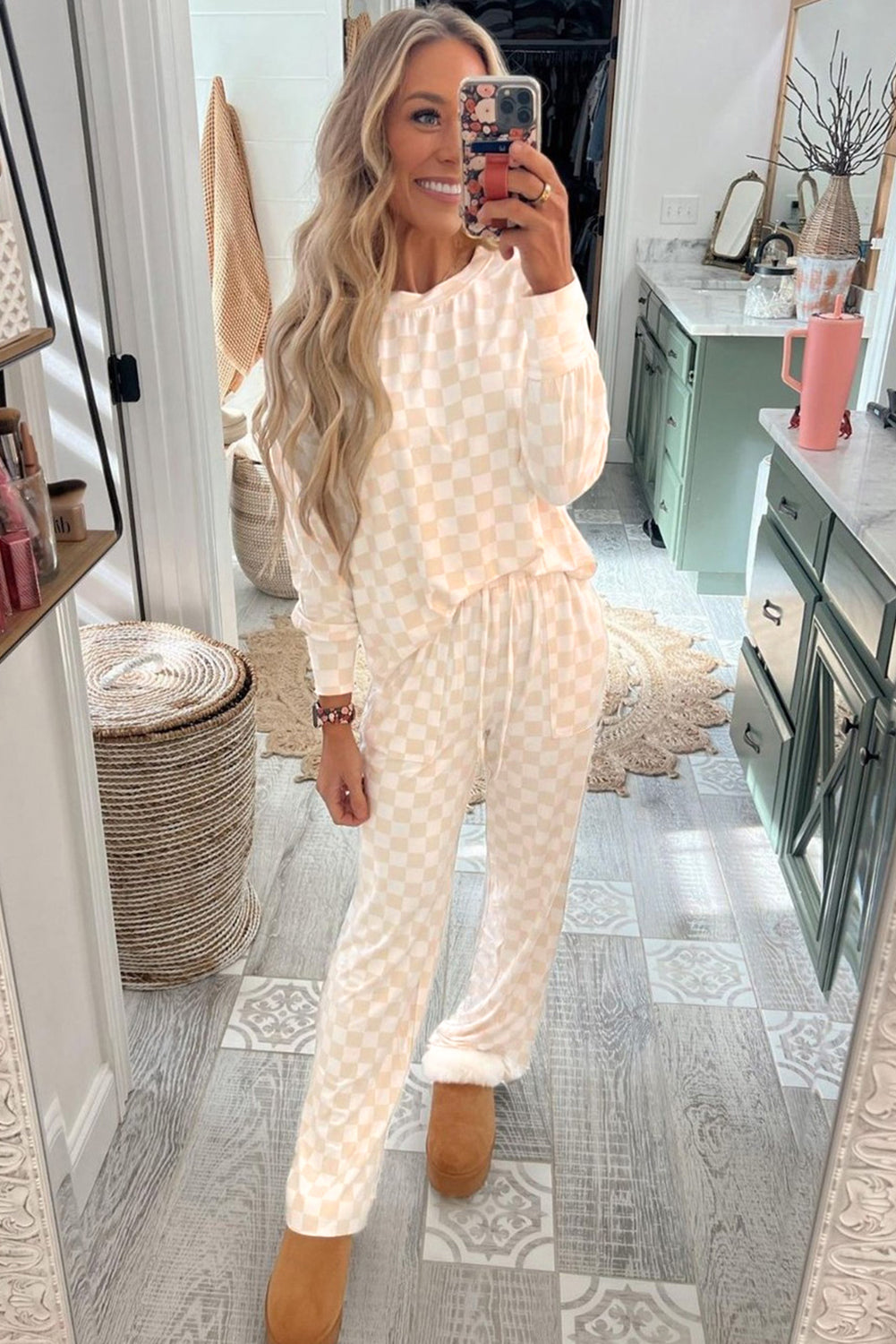 Black Checkered Print Long Sleeve Top and Pants Lounge Set