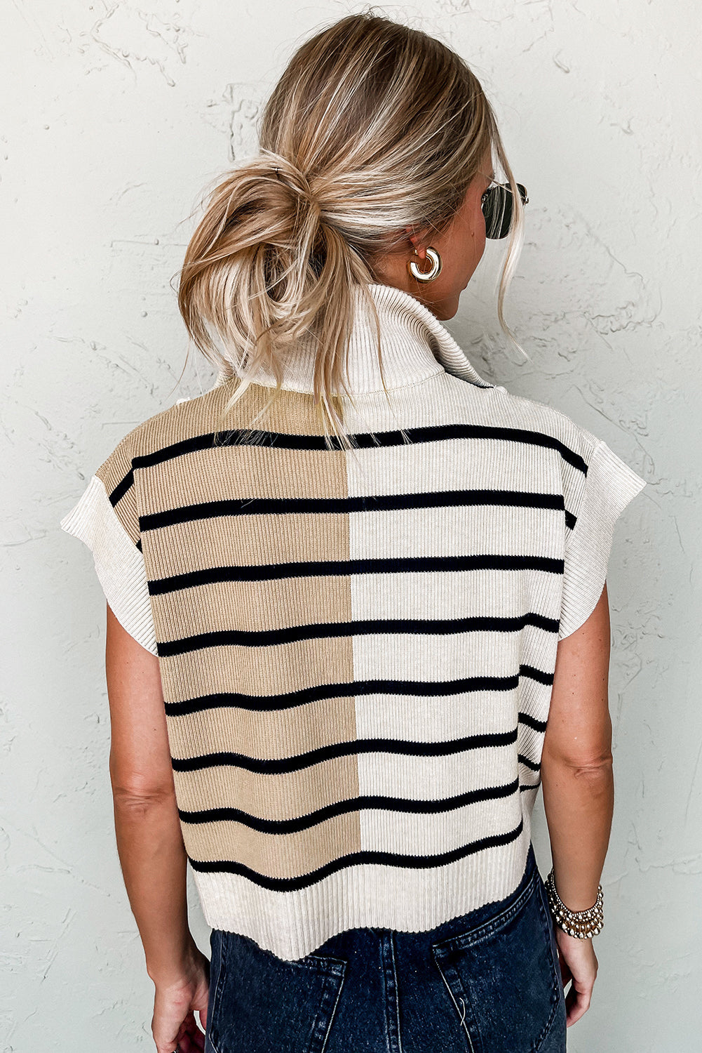 Sky Blue Stripe Colorblock Quarter Zip Collar Sweater Vest
