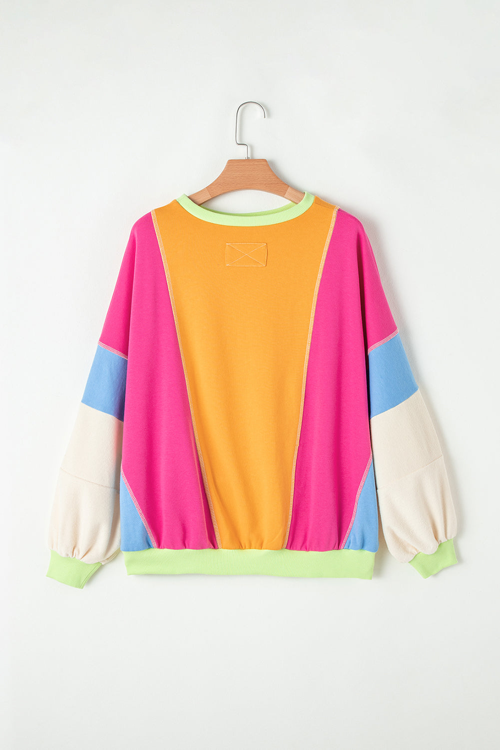 Dark Green Colorblock Patchwork Exposed Stitching Oversize Top