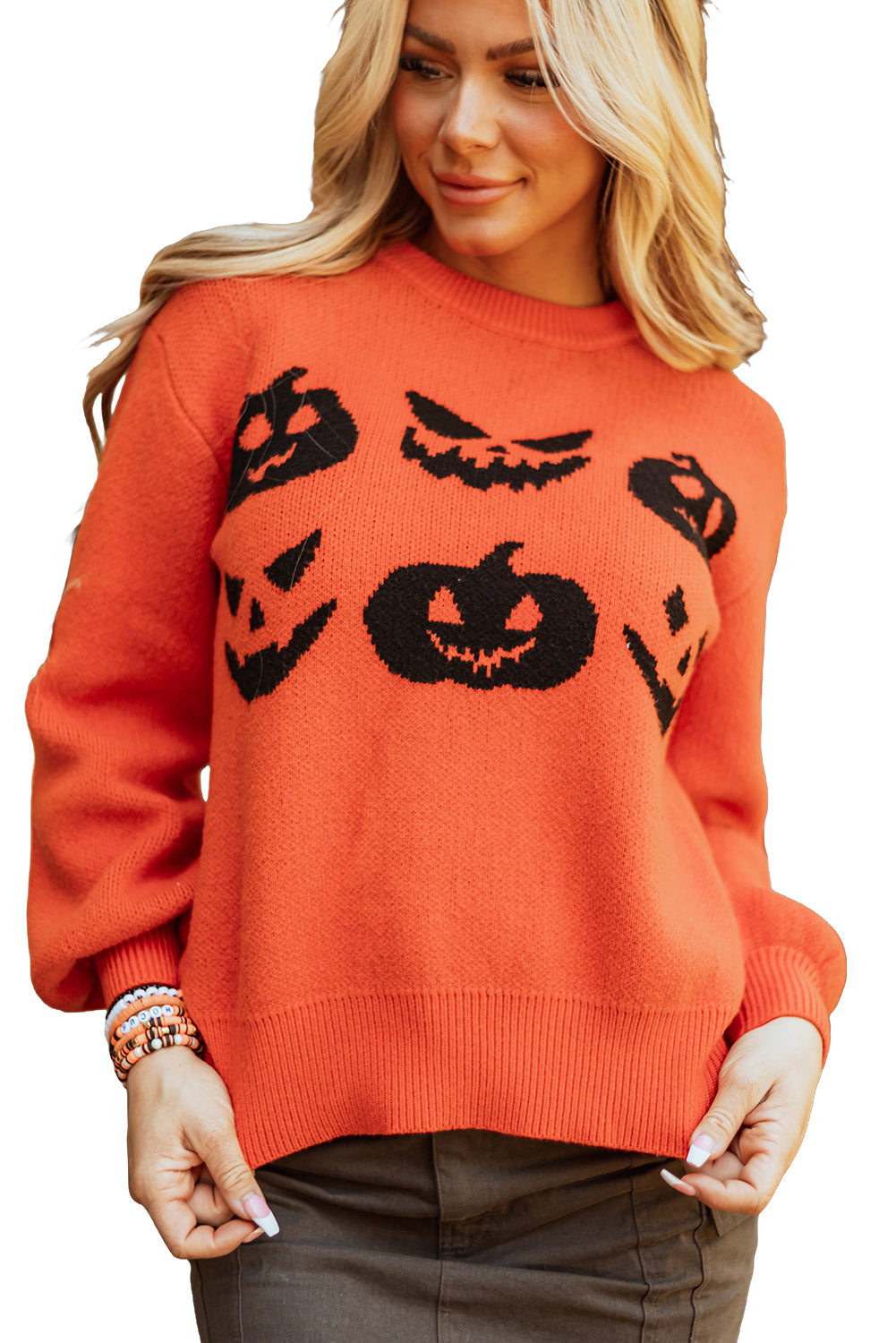 Black Halloween Pumpkin Face Pattern Drop Shoulder Sweater