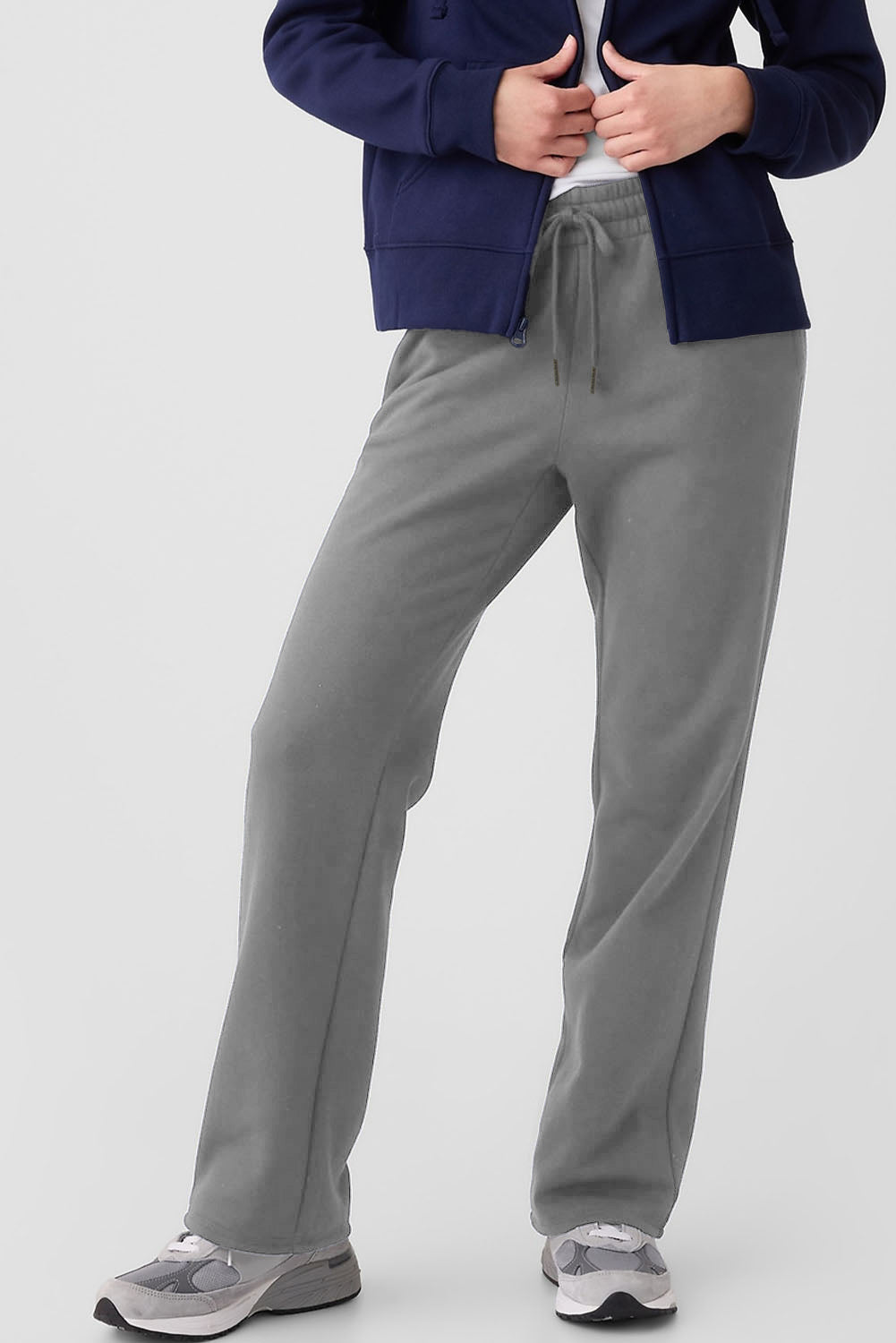 Navy Blue Solid Color Fleece Lined Drawstring Waist Casual Pants