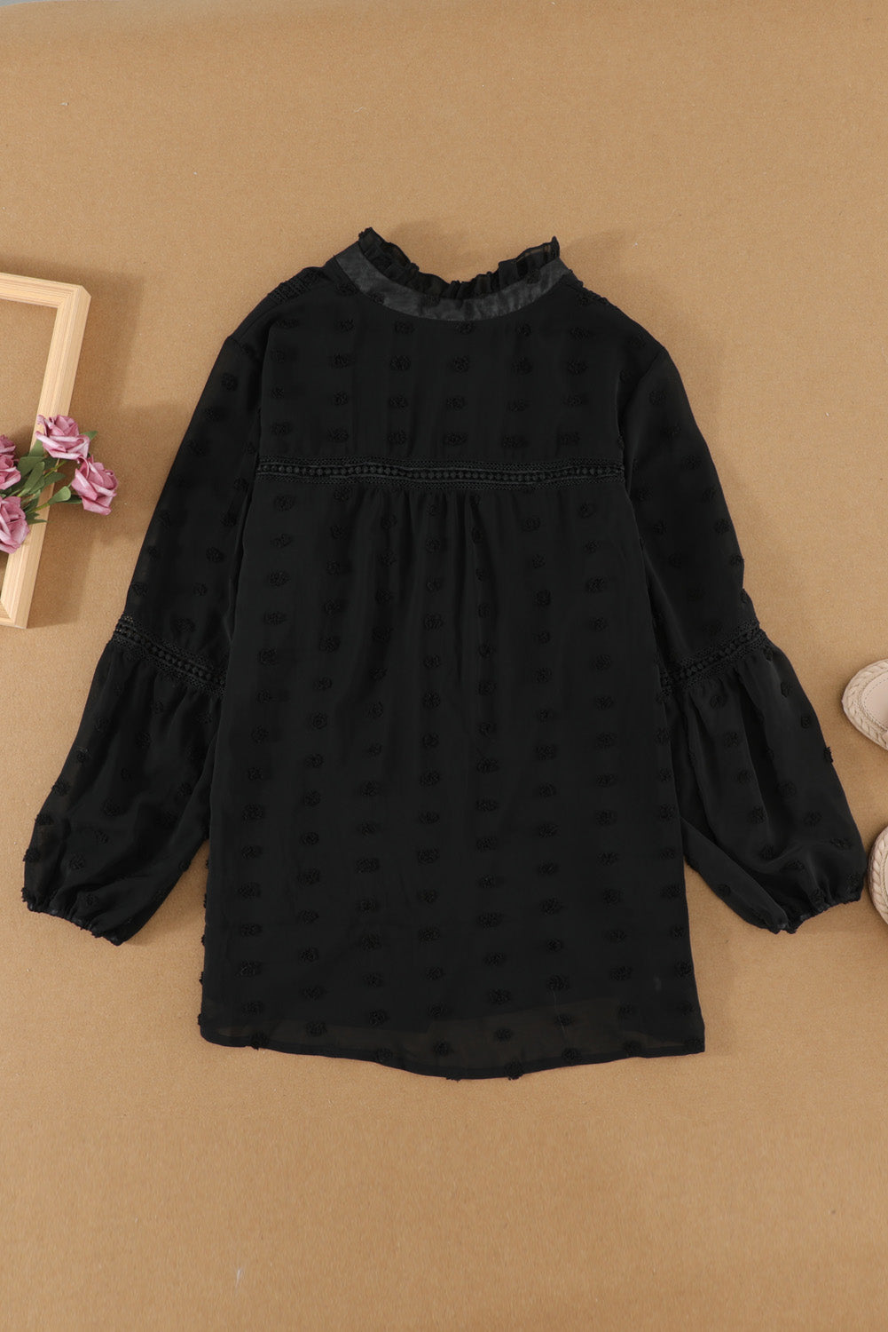 Blue Ruffled Split Neck Lace Hollow Out Puff Sleeve Polka Dot Blouse