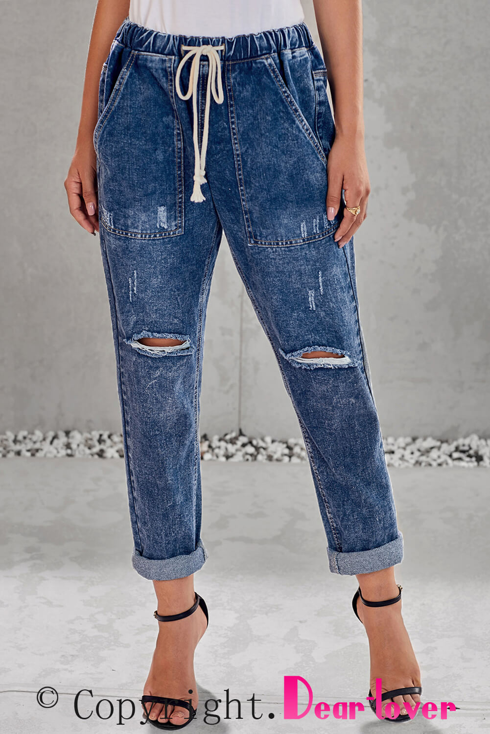 Sky Blue Gather Round Distressed Pocketed Denim Jogger