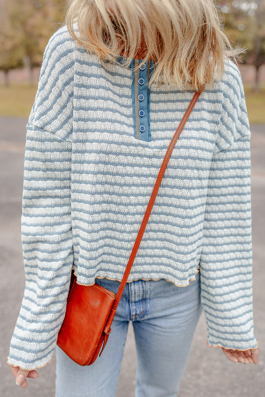 Green Stripe Textured Frilly Trim Buttons Henley Long Sleeve Top