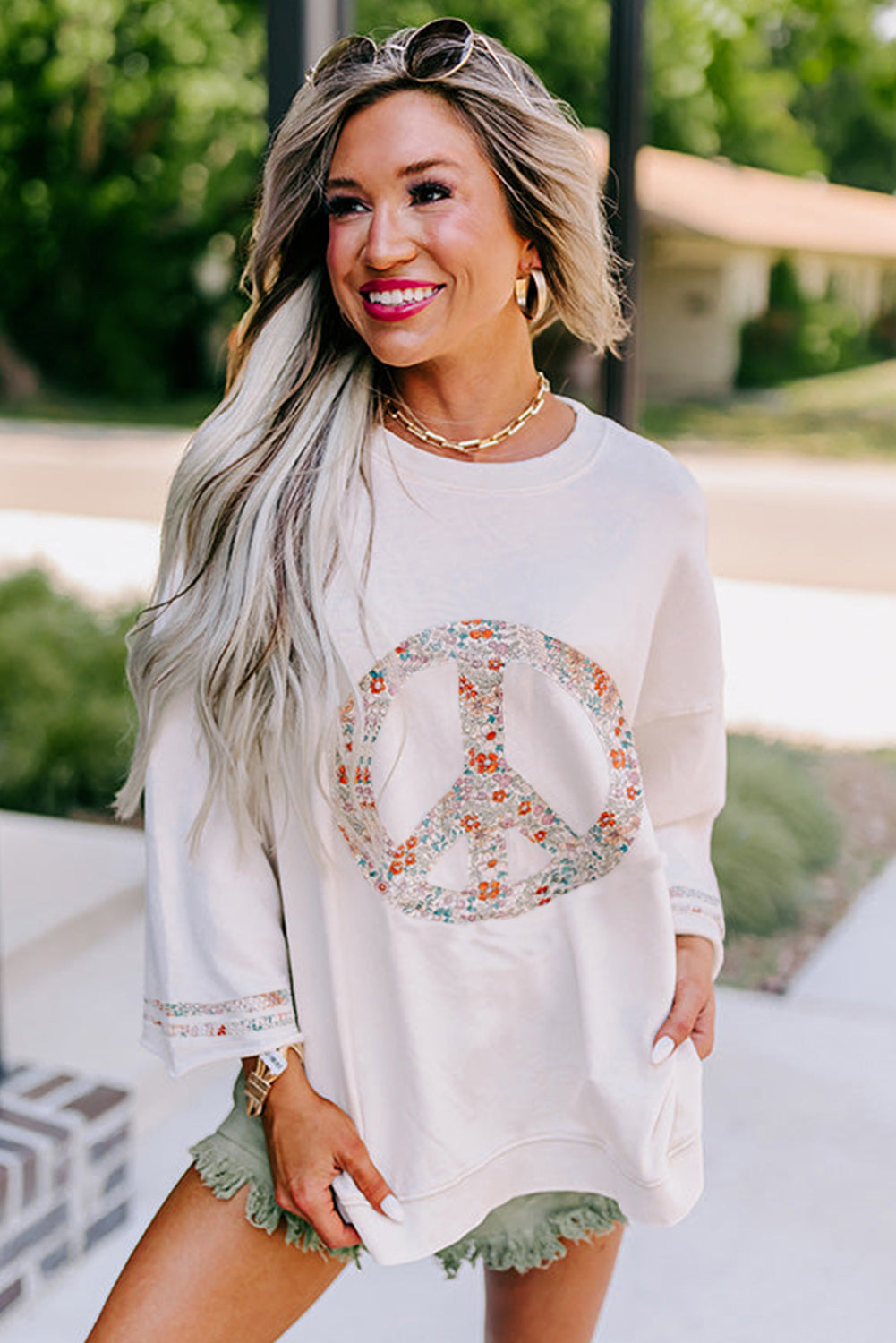 Light Pink Floral Peace Sign Graphic Drop Shoulder Wide Sleeve Casual Top