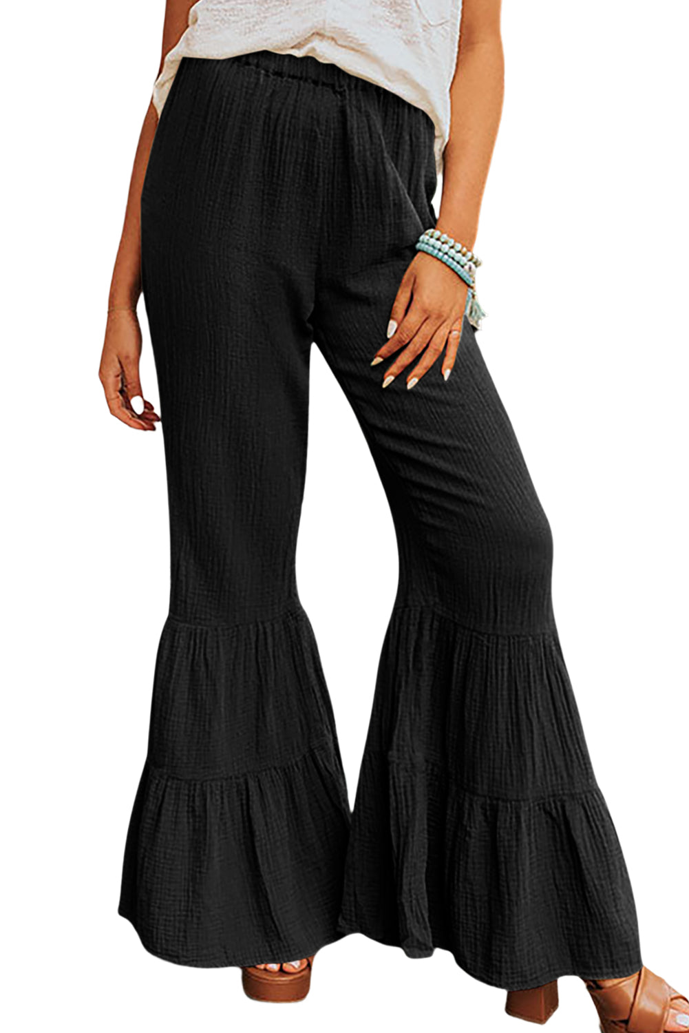 Rose Textured High Waist Ruffled Bell Bottom Pants