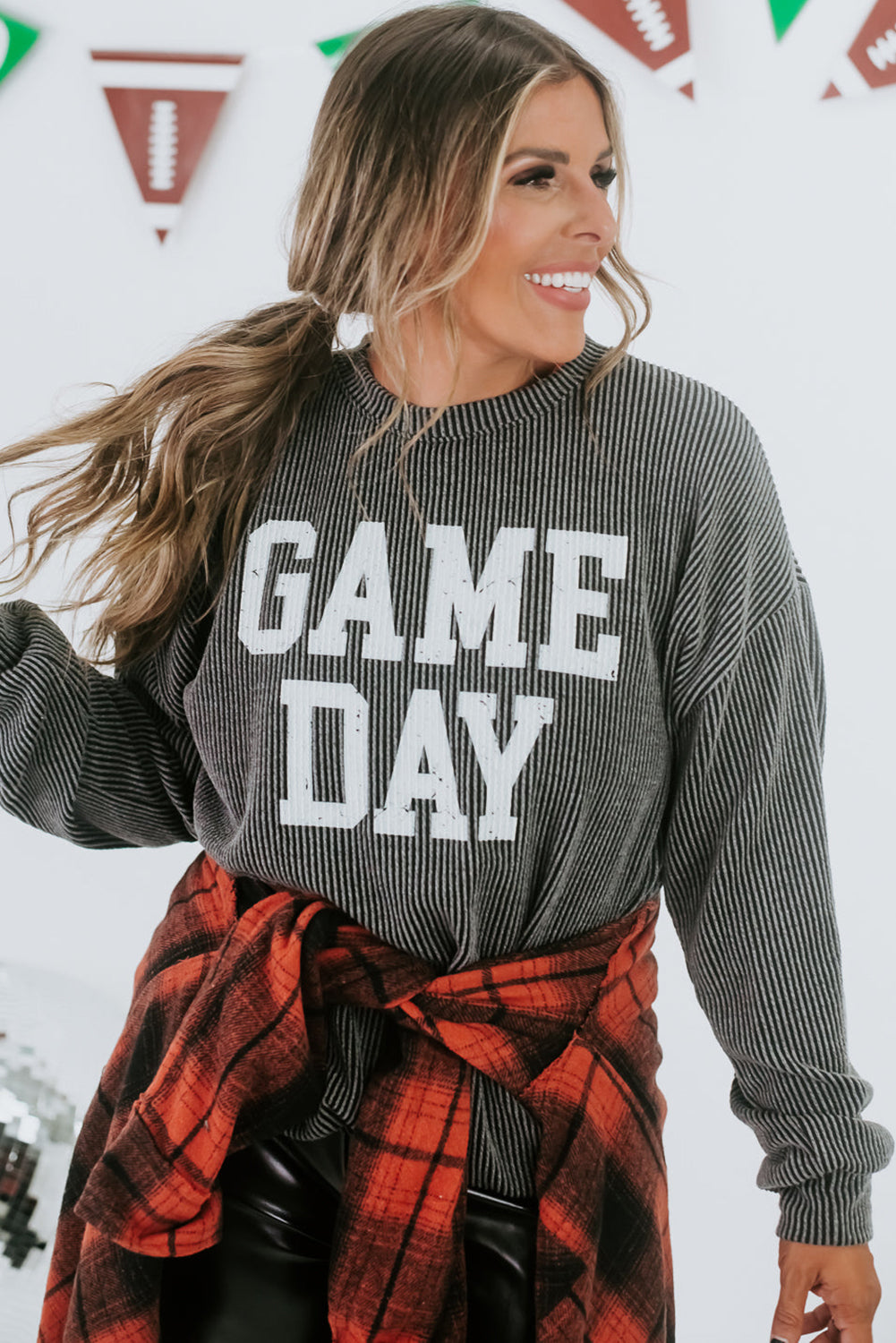 Bluing Corded GAME DAY Graphic Long Sleeve Crewneck Top