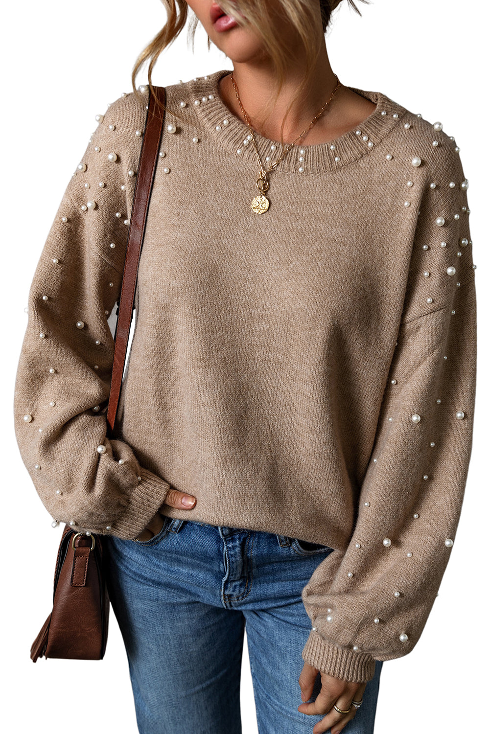 Light Grey Pearled Drop Shoulder Round Neck Sweater